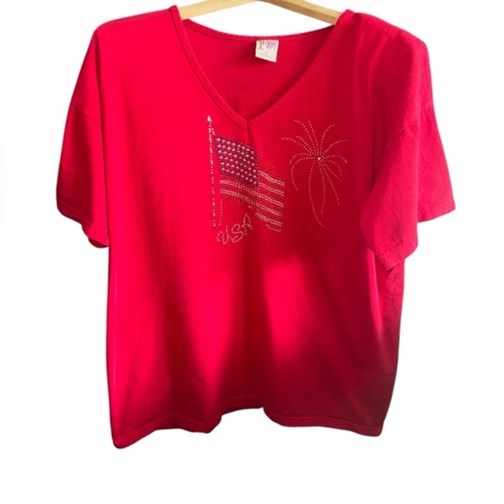 Cactus Bright American Flag & Fireworks Glam Red Tee Shirt Size XL Made in USA